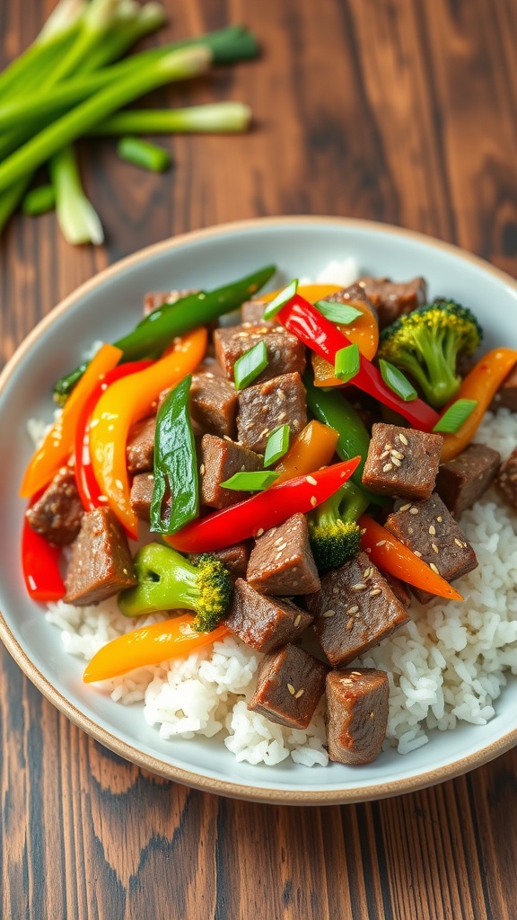 A vibrant chopped beef stir-fry with bell peppers, broccoli, and snap peas served over rice.